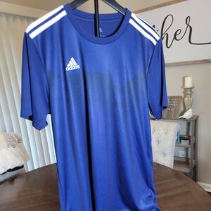 Adidas Royal Blue Short Sleeve Performance Tee with White Stripes.  Size L